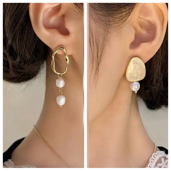 18K Plated Imitation Pearl Asymmetric Dangle Earrings Khaki or Pearl White - Picture 6 of 6